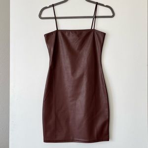 PrettyLittleThing Chocolate Brown Spaghetti Strap PU Bodycon Dress